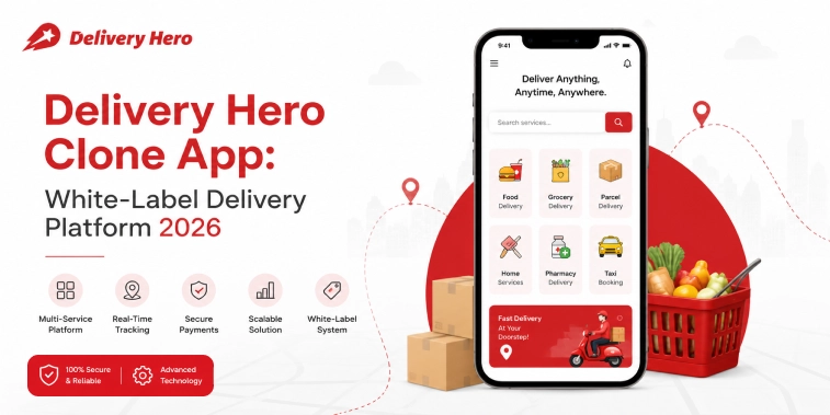 Delivery Hero Clone App showcasing a white-label delivery platform with food delivery, grocery delivery, merchant management, real-time order tracking, and AI-powered delivery management in 2026.